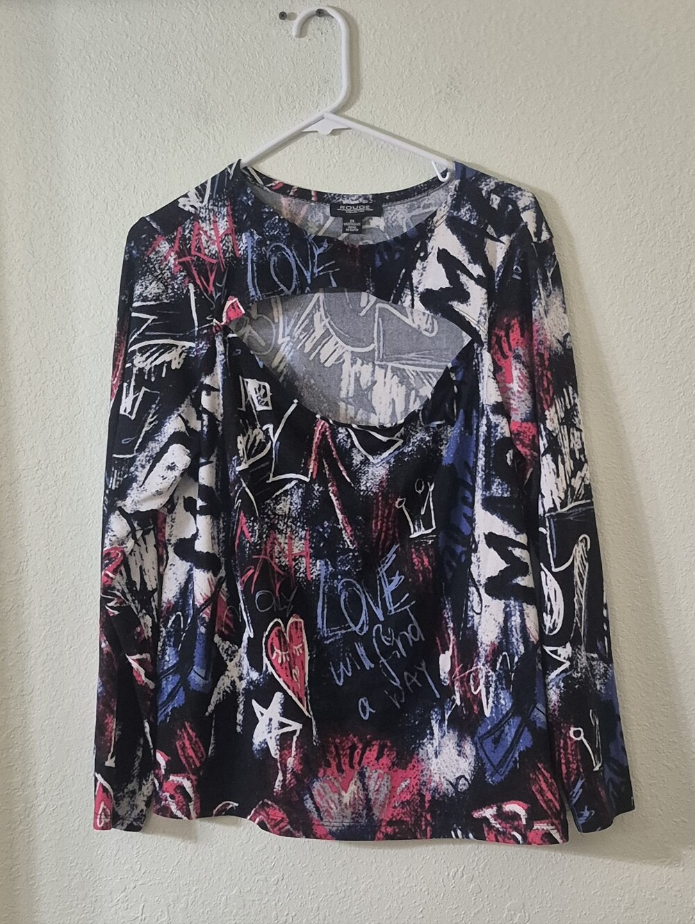 Rouge! Black Graffiti-Print Long Sleeve Top with Pink & Blue Accents